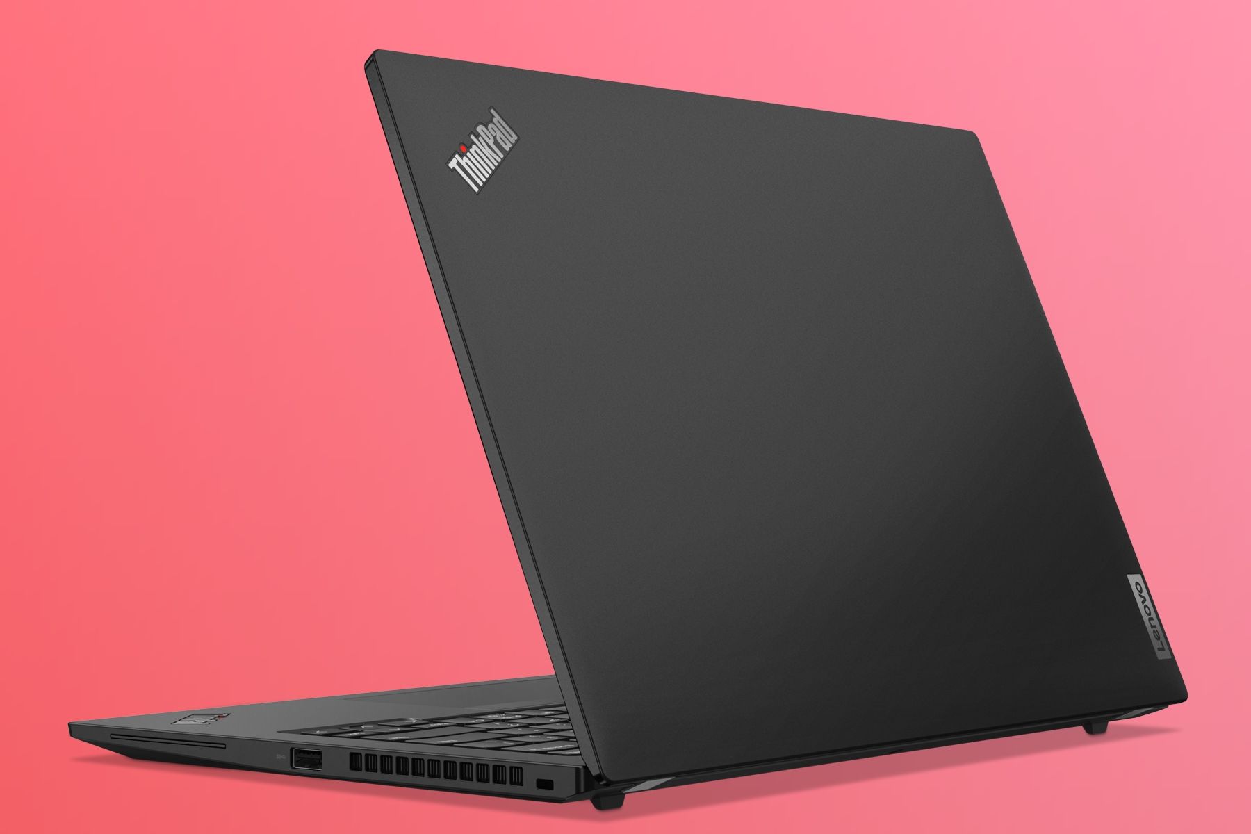Rear angled view of the ThinkPad T14s Gen 4 in Black facing left over a pink gradient background