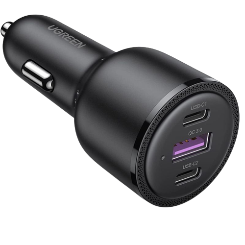 A render of the UGREEN 69W triple port car charger in black color.