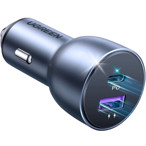 A render of the UGREEN car charger in grey color with two USB ports.
