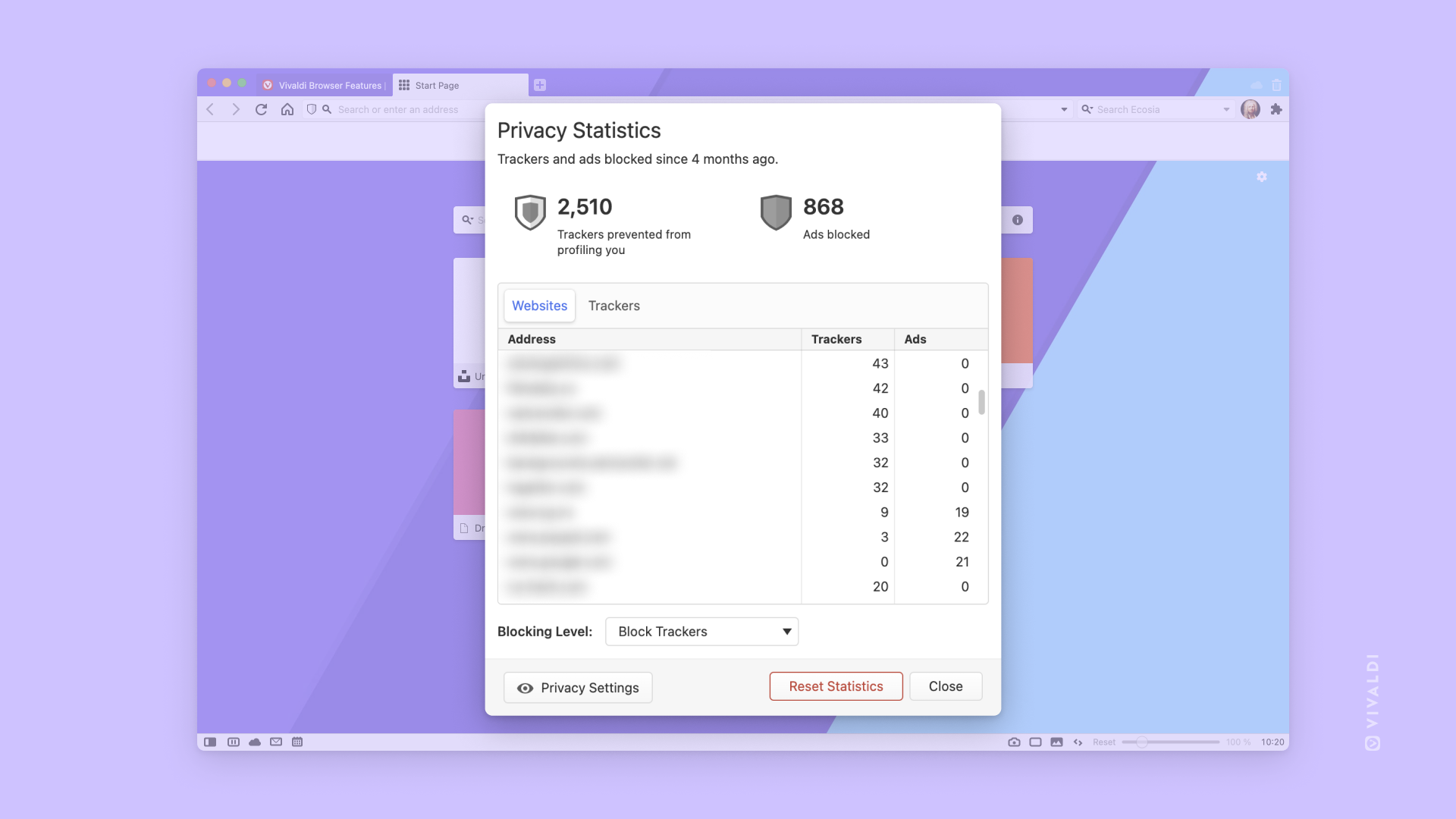 Vivaldi privacy statistics page