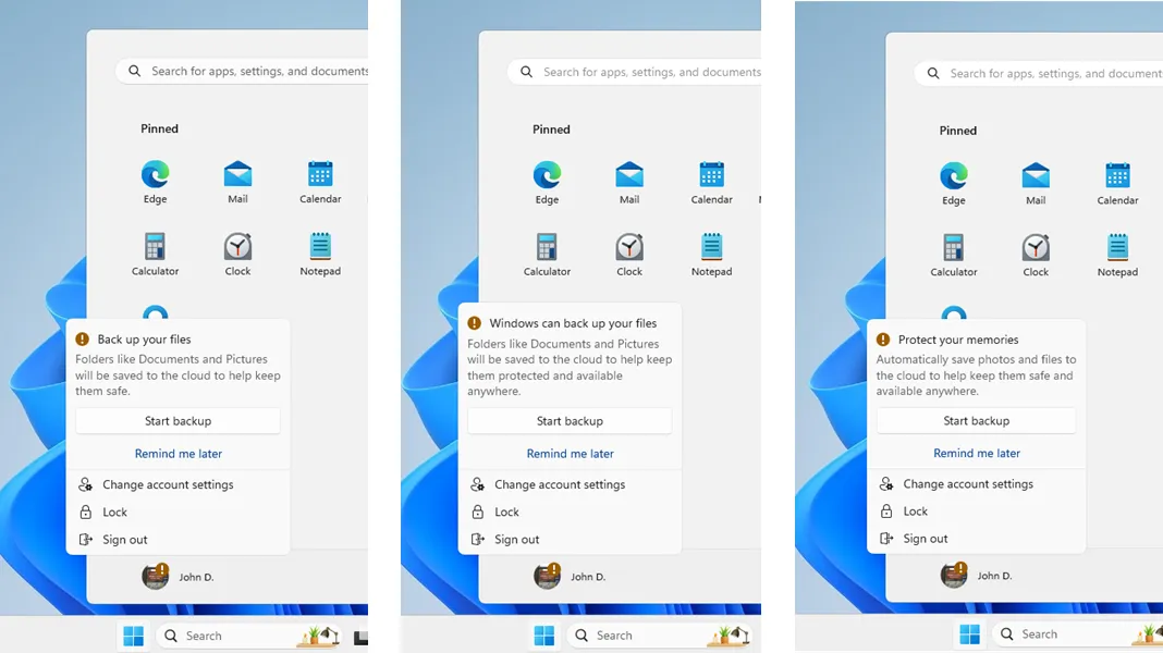 Снимок экрана с различными сообщениями, отображаемыми в меню «Пуск», когда Windows 11 рекомендует пользователю создать резервную копию своих файлов.