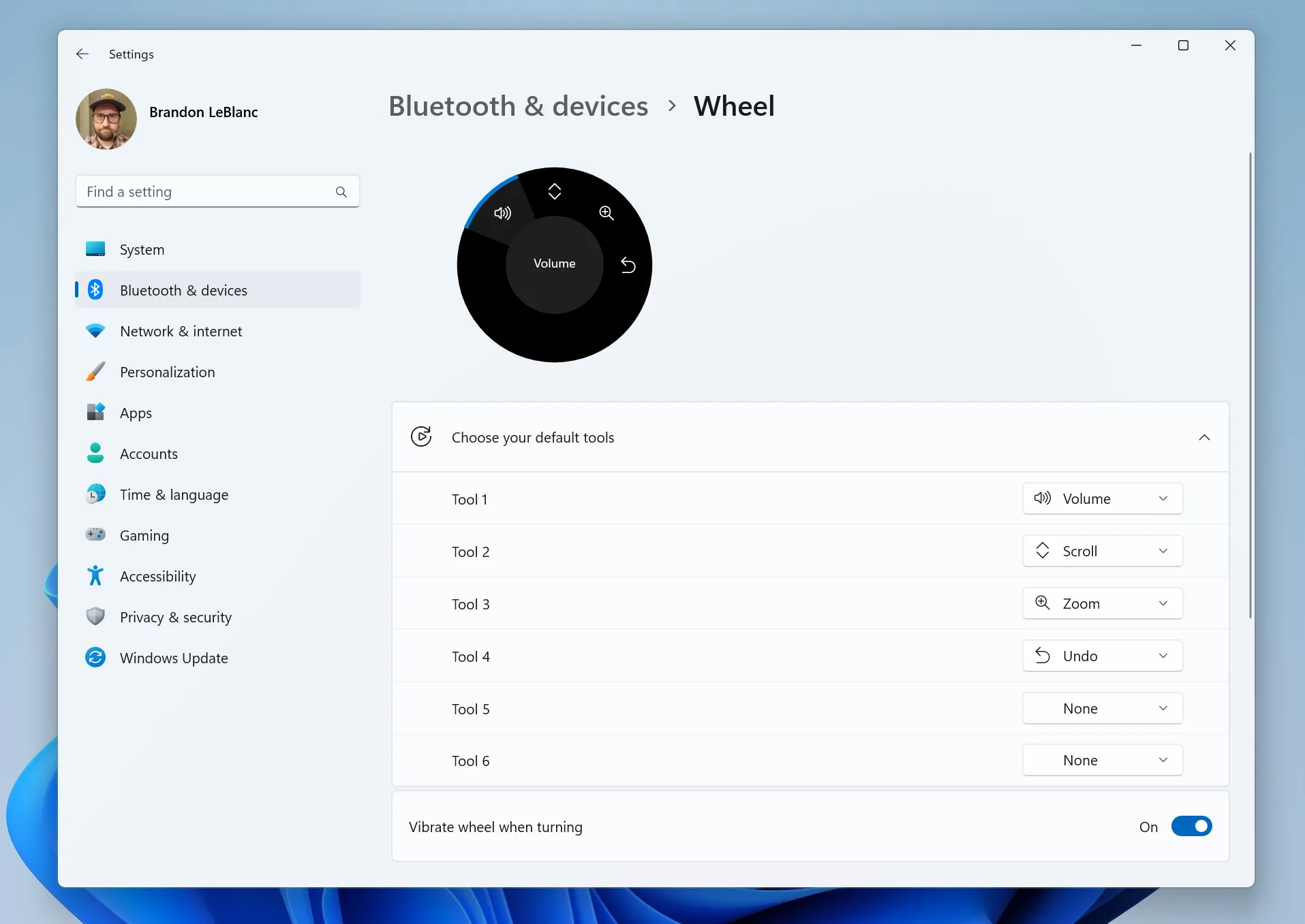 Screenshot of the new wheel settings page in Windows 11 build 25330