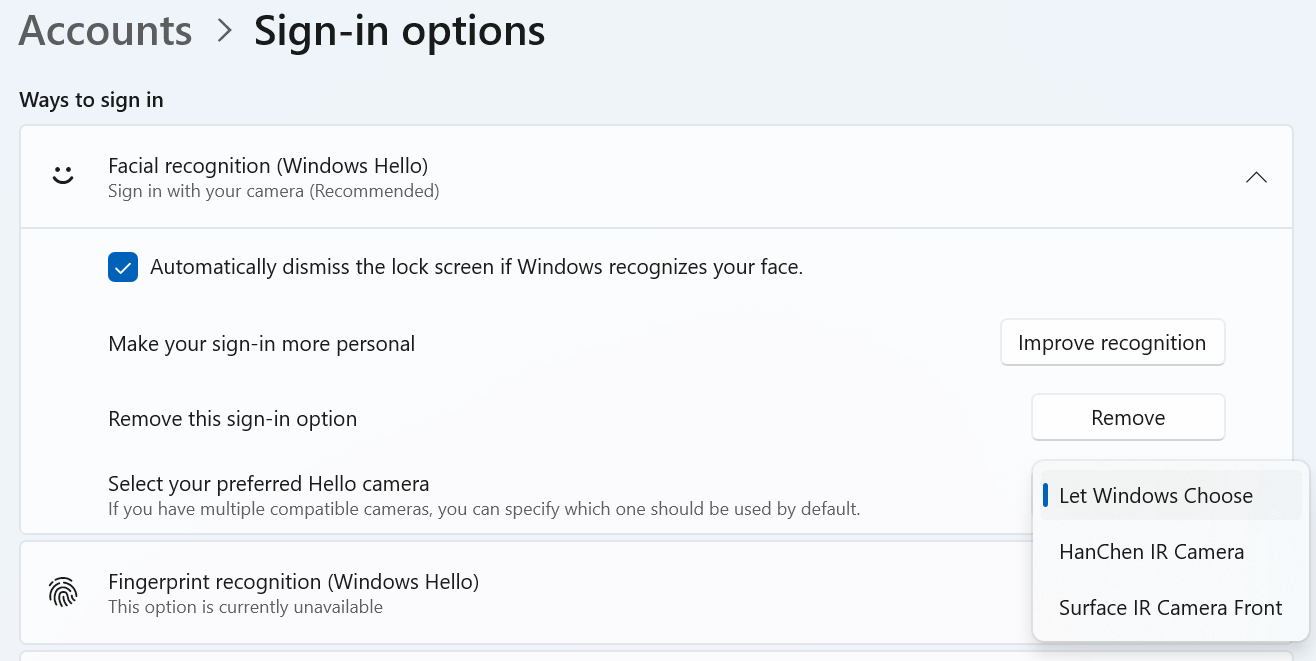 Captura de pantalla de la configuración de Windows Hello en Windows 11 con la opción de elegir una cámara