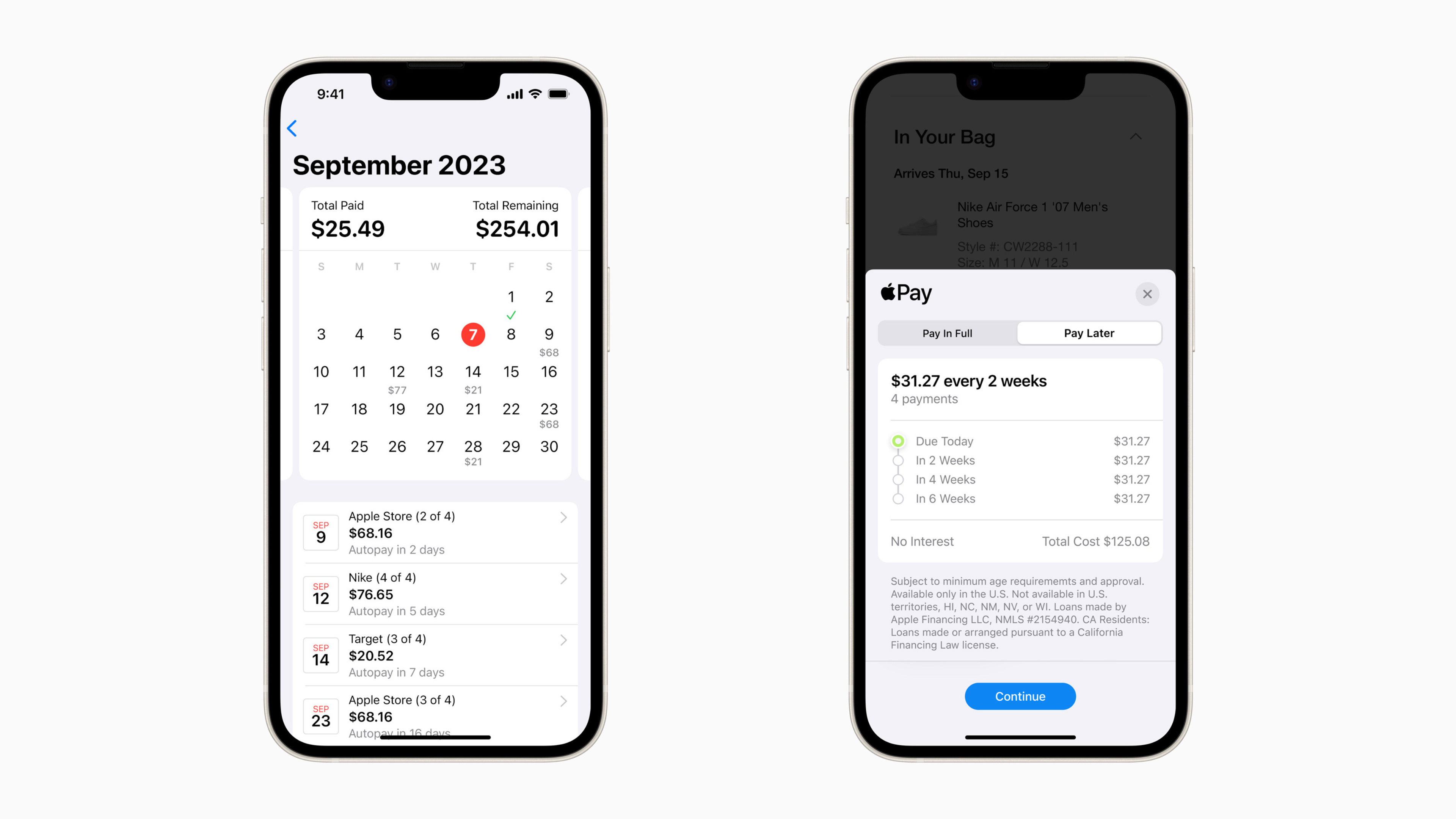 Apple Pay Later Calendar view showing upcoming payments and payment breakdowns