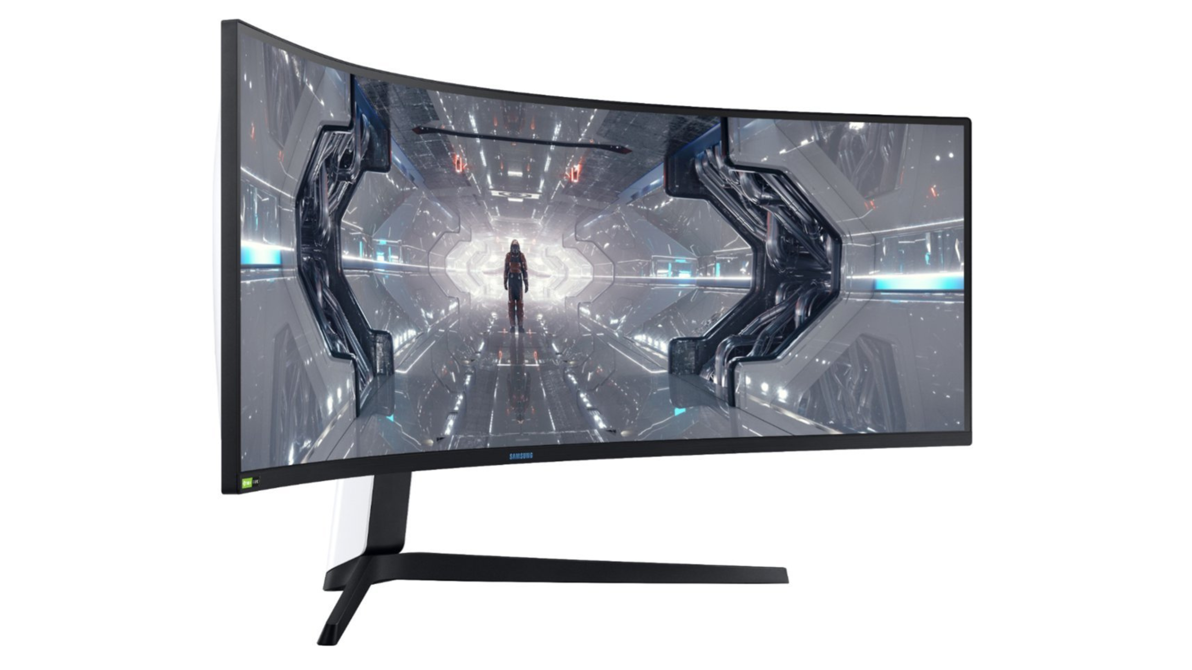 Samsung Odyssey 49 inch 1000R Curved gaming monitor with space theme on screen