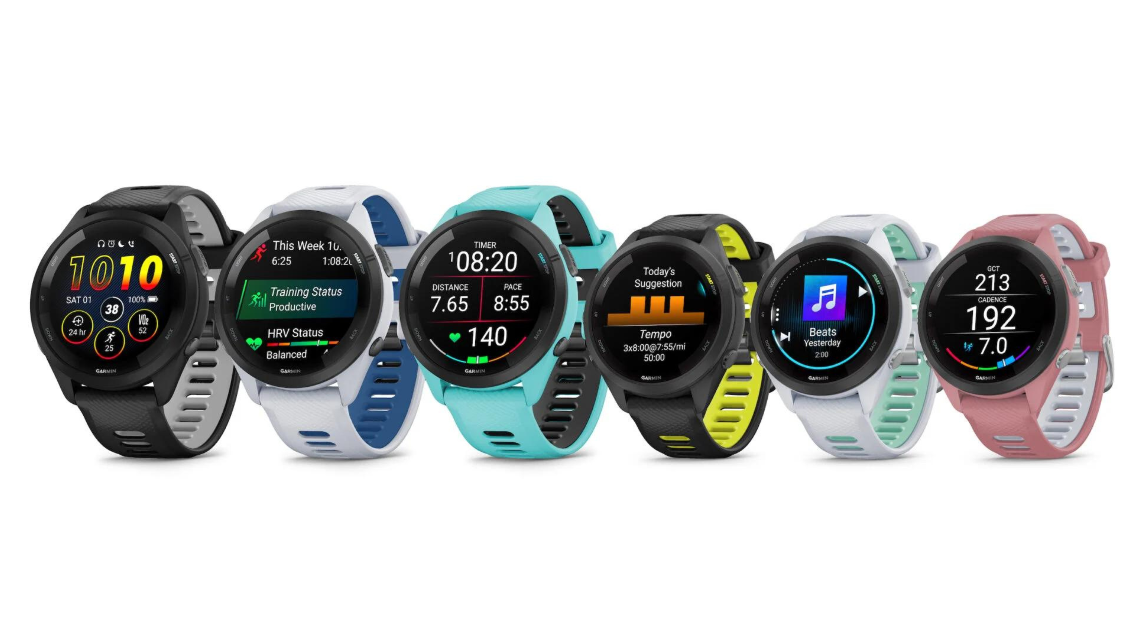 Garmin Forerunner 965 and Forerunner 265 running watches in all color variants
