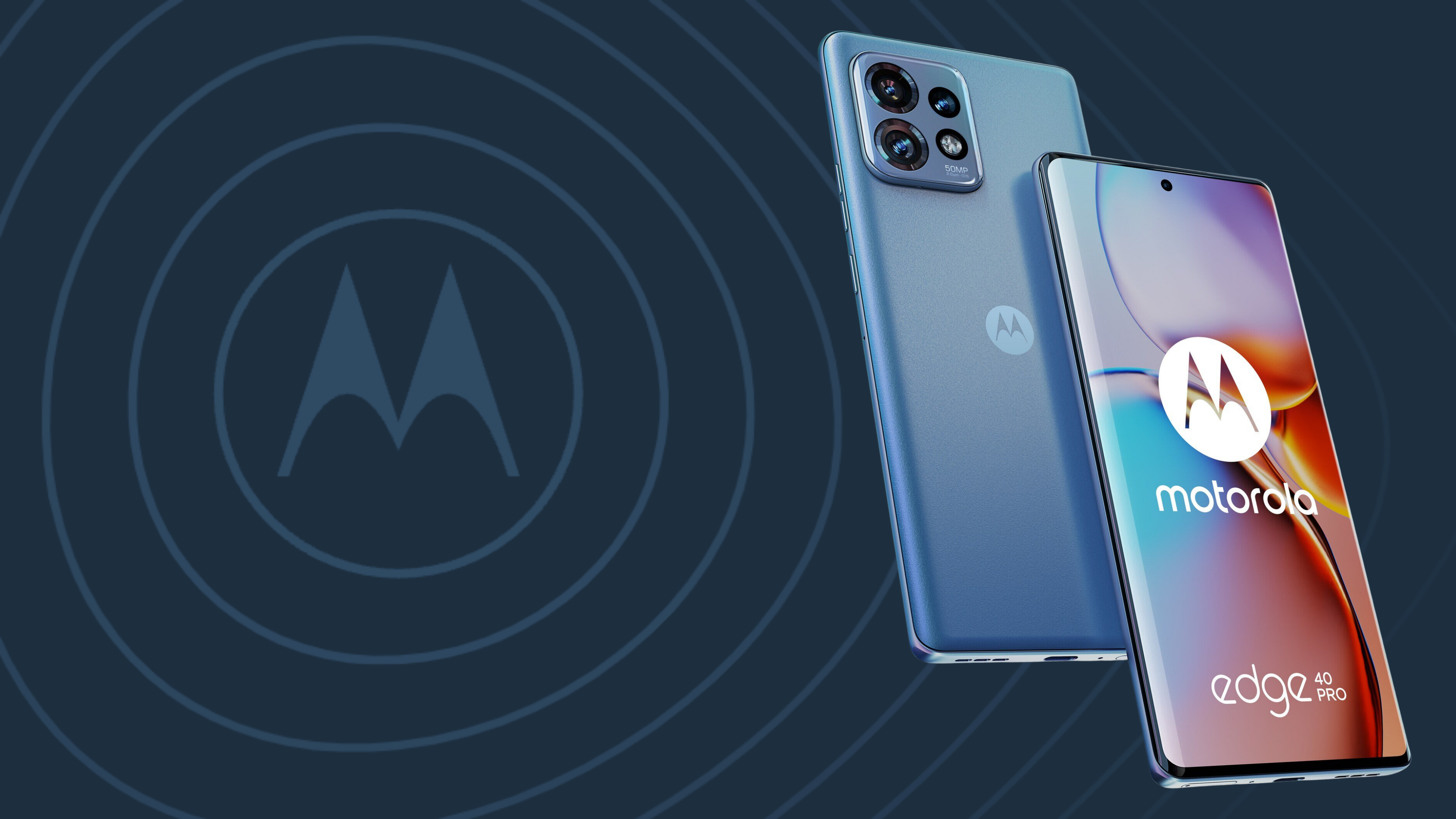 Motorola Edge 40 Pro in light blue color with Motorola logo as background