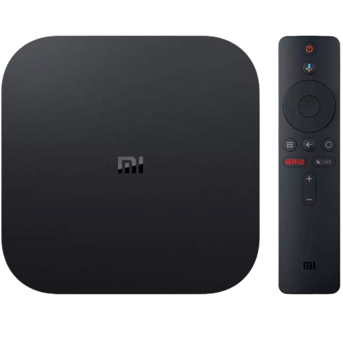 A render of the Xiaomi Mi Box S in black color next to its remote.