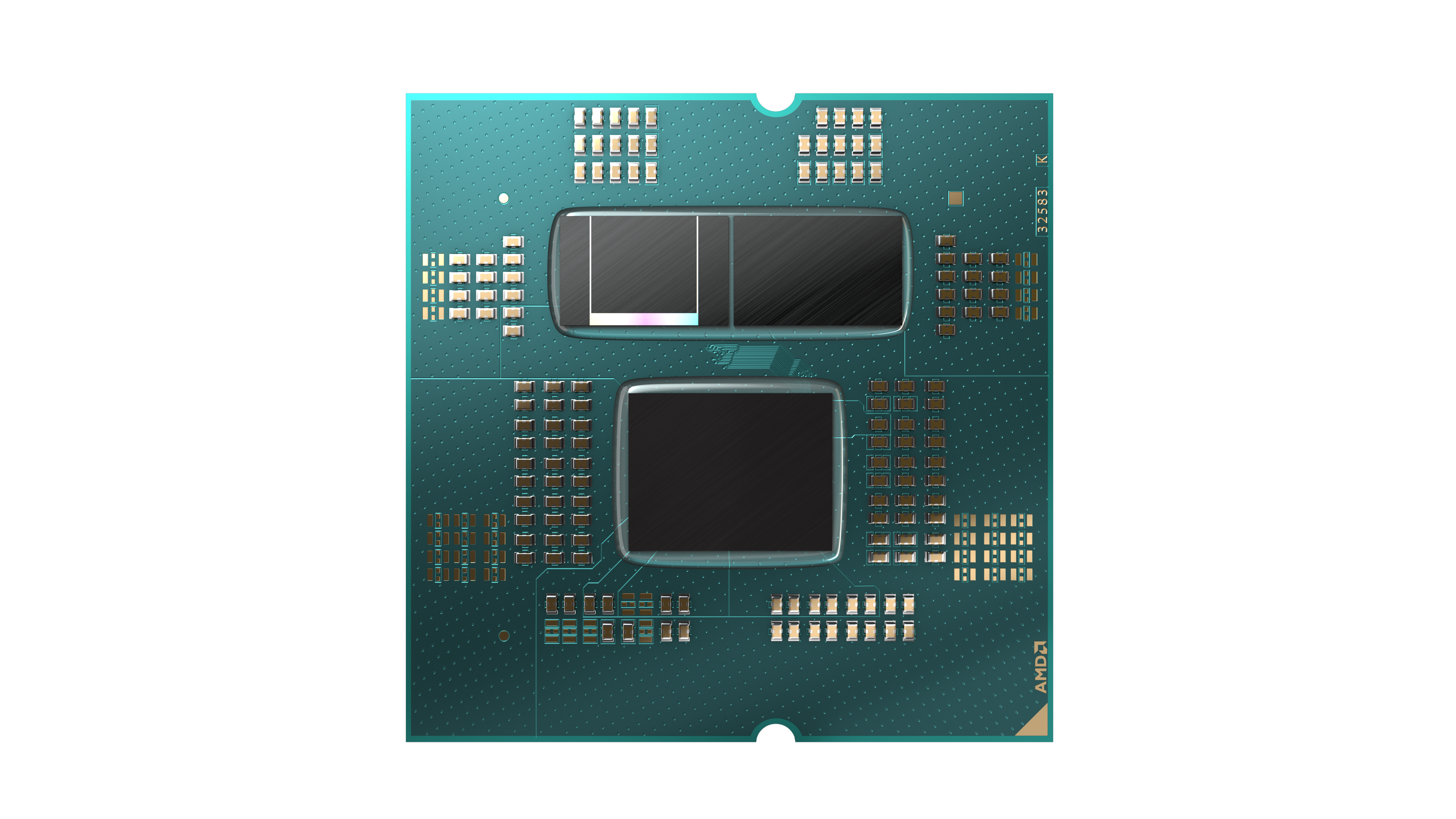 Ein Rendering einer Ryzen 7000-CPU mit 3D-V-Cache und zwei CCDs.