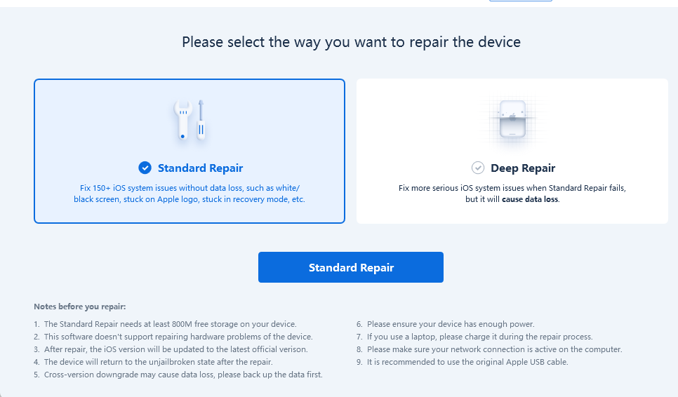 Restart standard repair options screenshot.