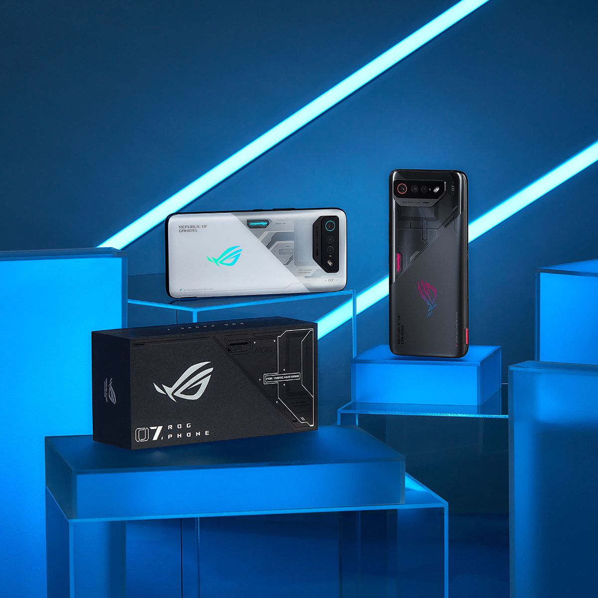 Asus Rog Phone 7 series in black and white with product box in the foreground