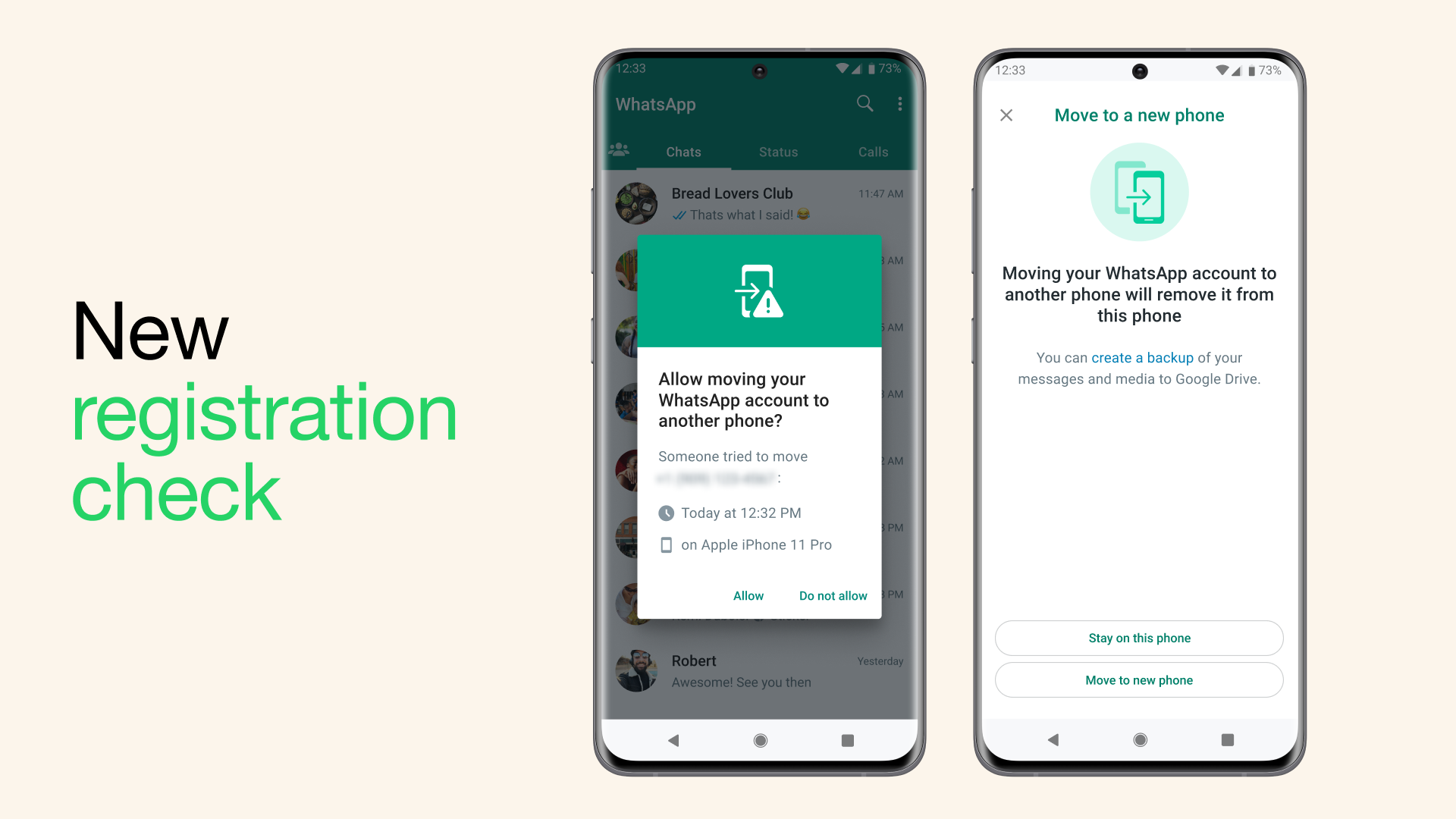 WhatsApp Account Protect показывает запрос авторизации на старом устройстве