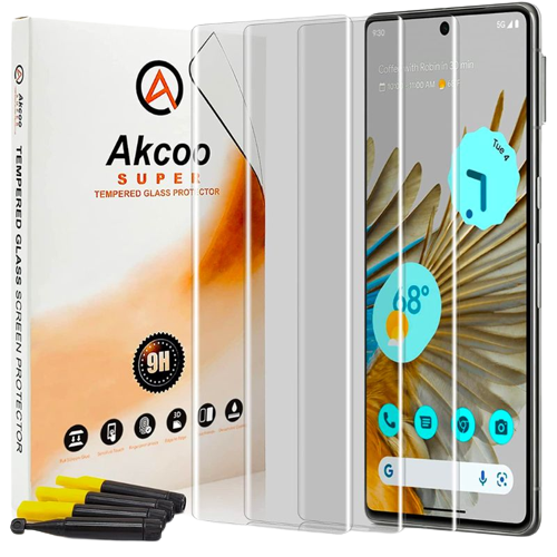Una representación del Pixel 7 Pro de vidrio templado de Akcoo junto a la caja y el teléfono.
