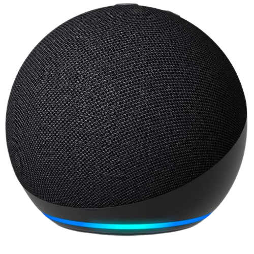 A render of the 5th gen Amazon Echo Dot in black-color.