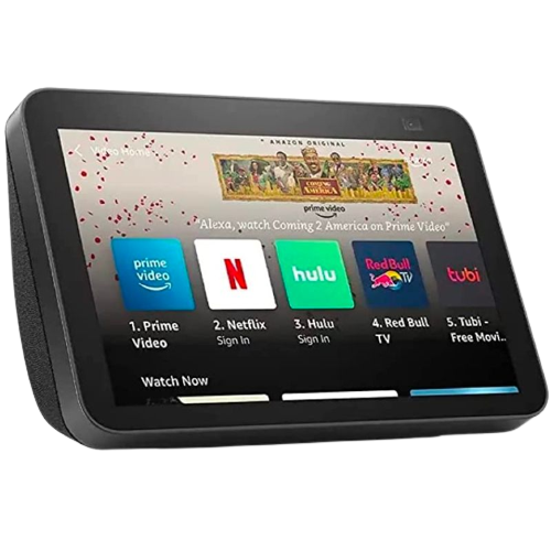 A render showing the 2nd gen Amazon Echo Show 8 smart display in black color.