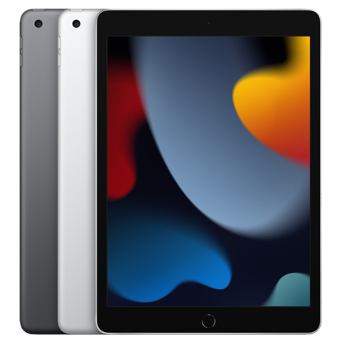 Apple iPad 9th Gen (2021) render with two color options and one showing the display