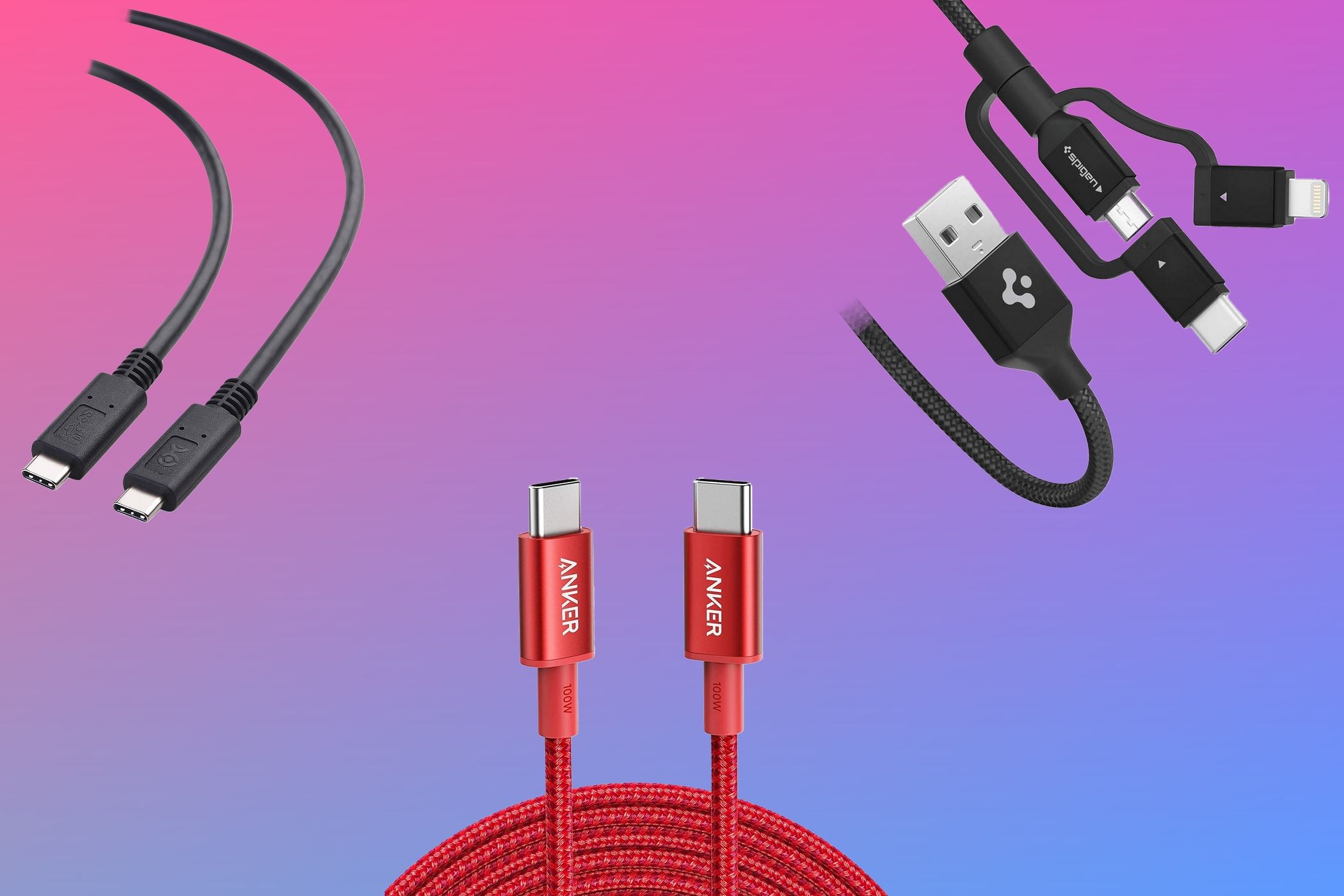 Three different USB cables on a gradient pink and blue background
