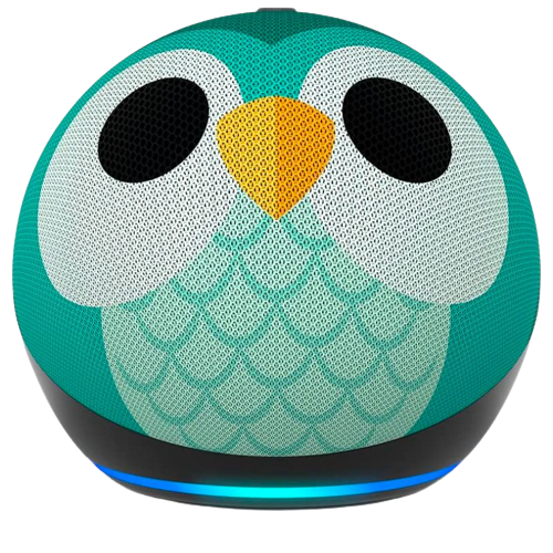 A render showing the 5th gen Echo Dot speaker for kids with an owl design on the fabric cover.