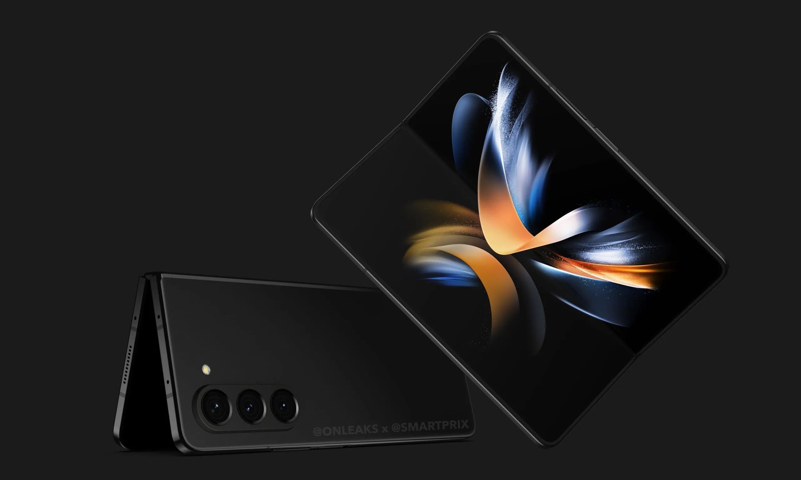 Samsung Galaxy Z Fold 5  on its side with rear showing and inner display showing 