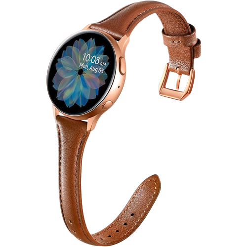 A render showing the GEAK slim leather band in tan color installed on a Galaxy Watch 5.