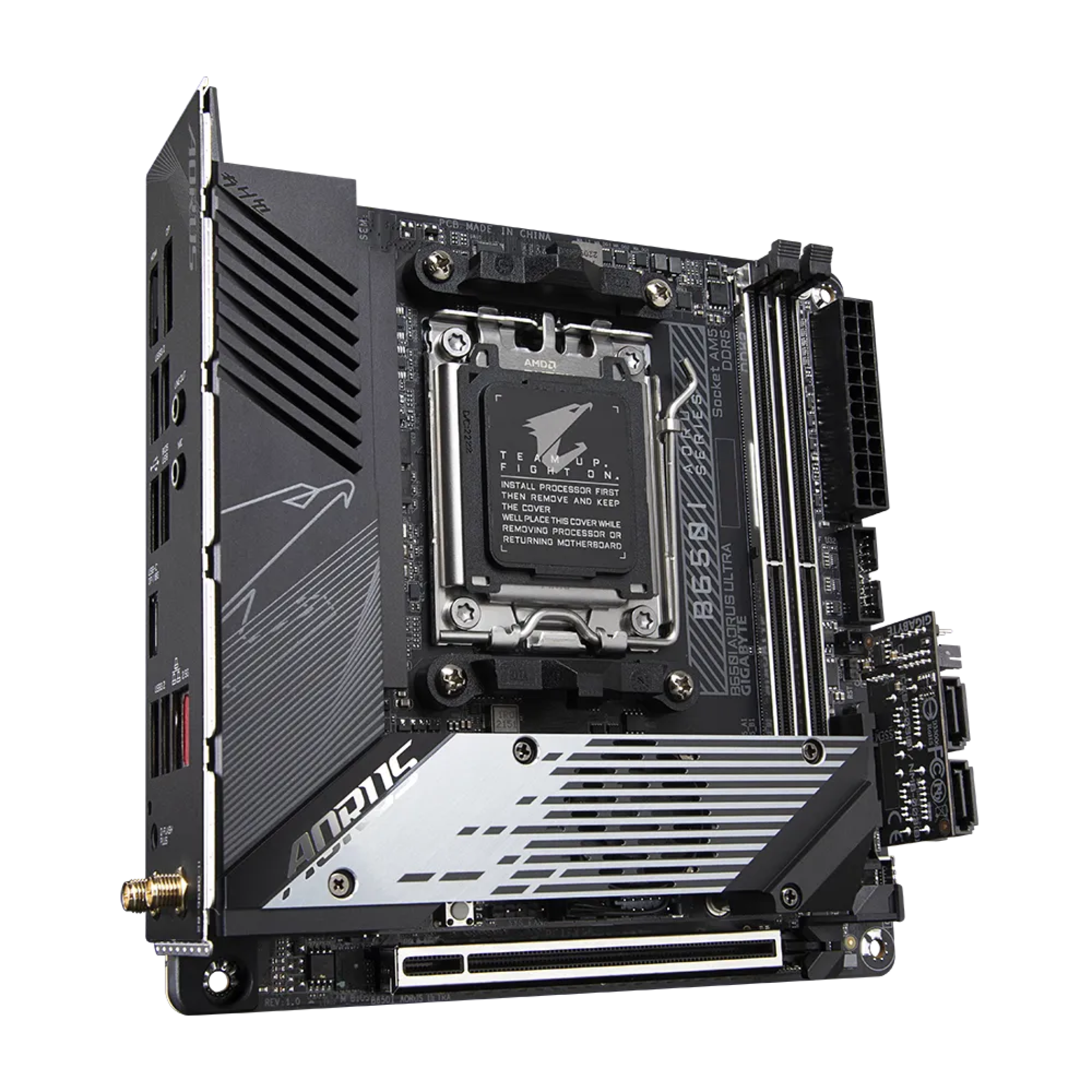 The Gigabyte B650I Aorus Ultra motherboard.