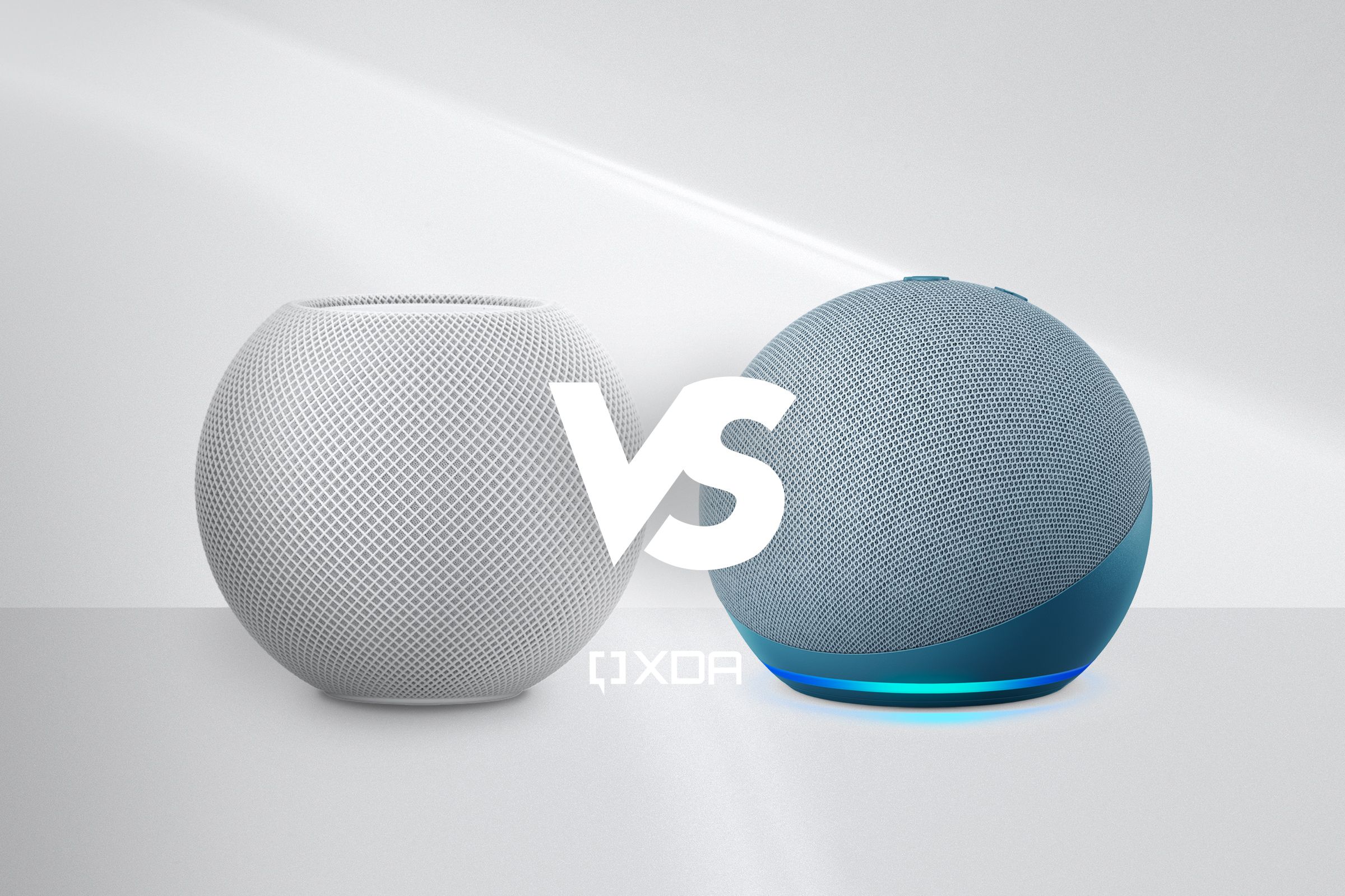 HomePod Mini vs. Echo Dot on a gradient background with the XDA logo