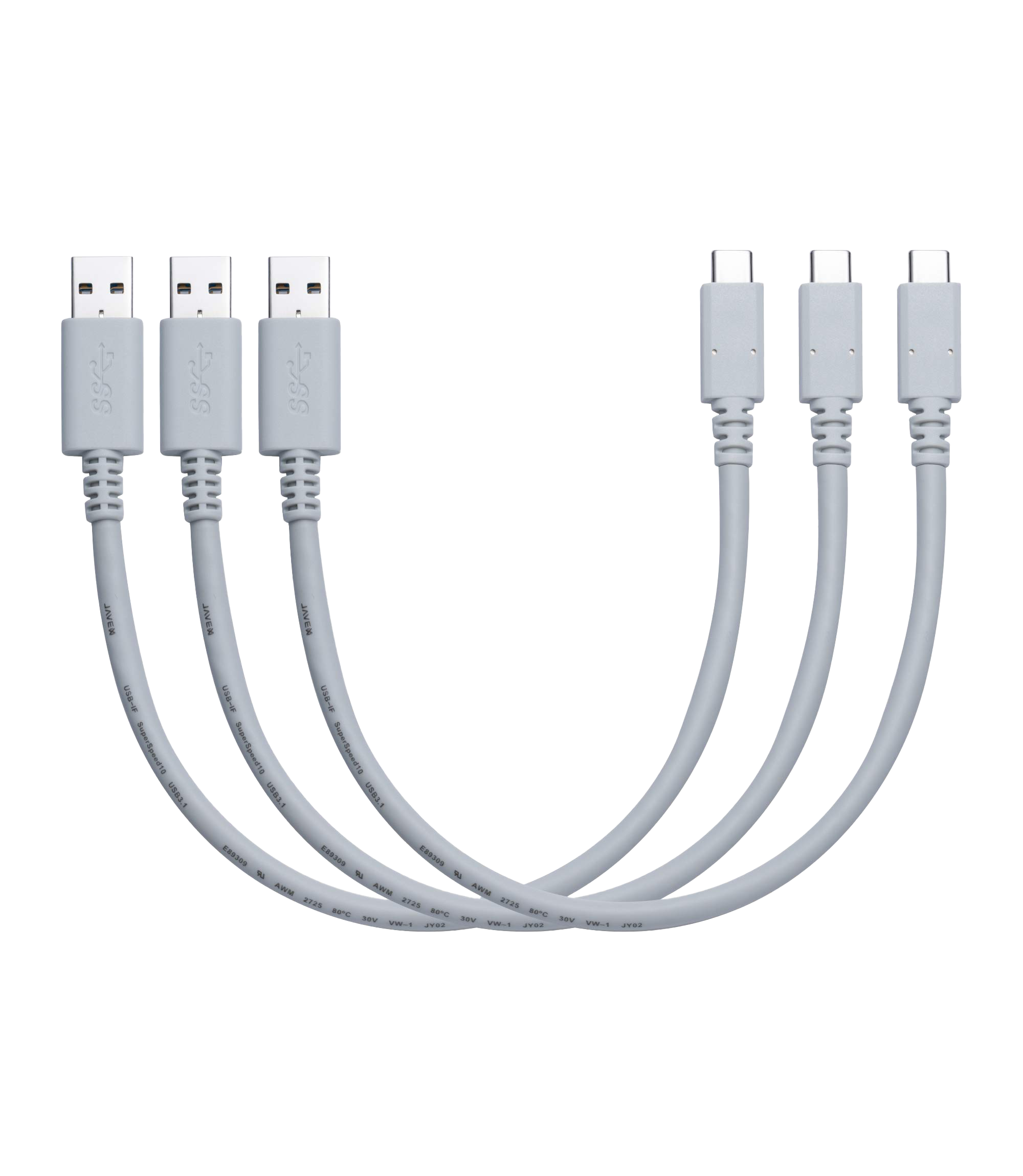 Three Javex USB-C to USB-A cables
