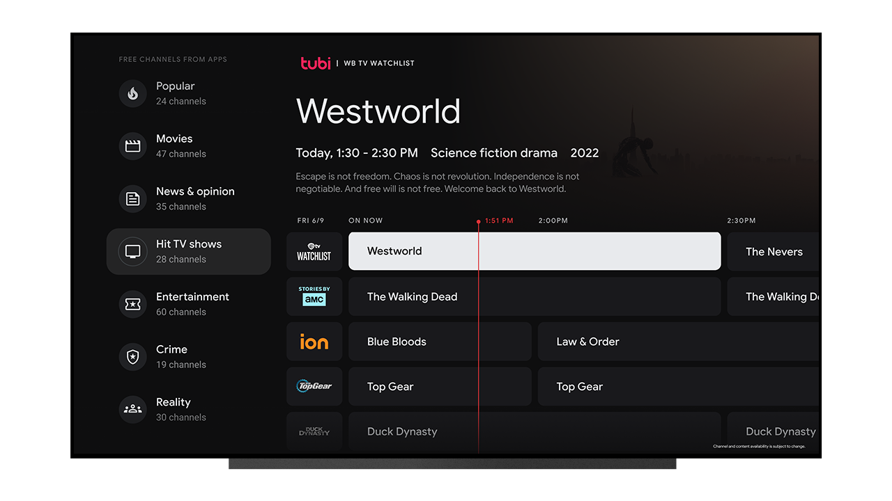 Google TV Live tab showing Hit TV shows with 28 channels available