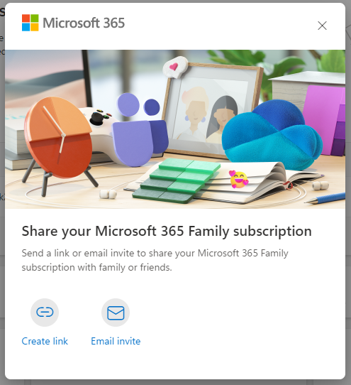 Screenshot of a prompt asking the user whether they want to share their Microsoft 365 Family subscription using a link or via email