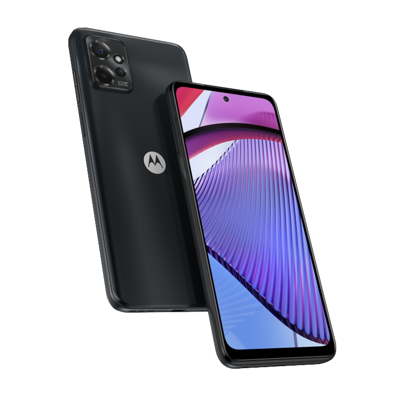 Motorola G Power 2023 on a transparent background, floating, seen on the front and back of the phone