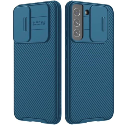 A render of the Nillkin CamShield case for Galaxy S22 in blue color.