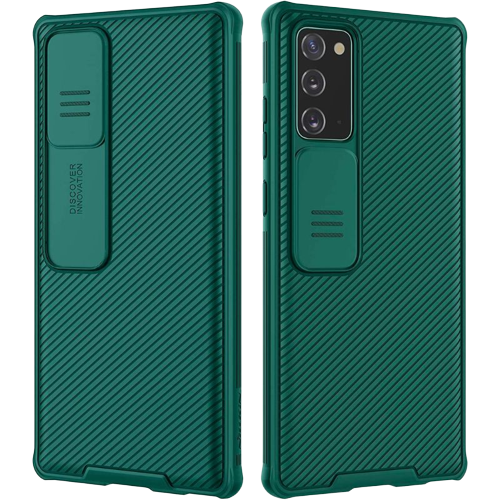 Рендер, показывающий Nillkin CamShield зеленого цвета. Pro корпус установлен на Samsung Galaxy Note  20.