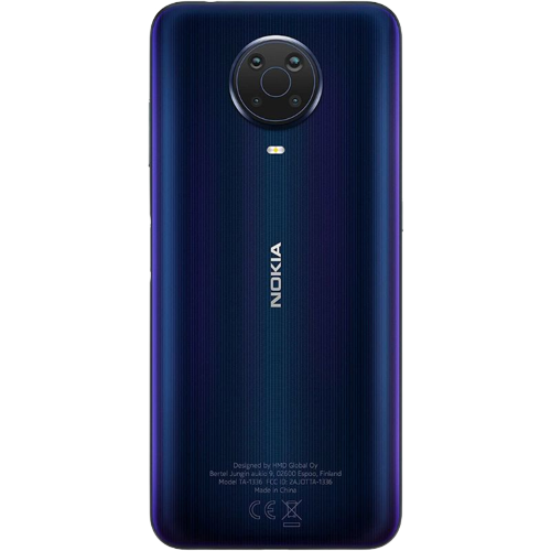 A render showing the back of the Nokia G20 in blue color.