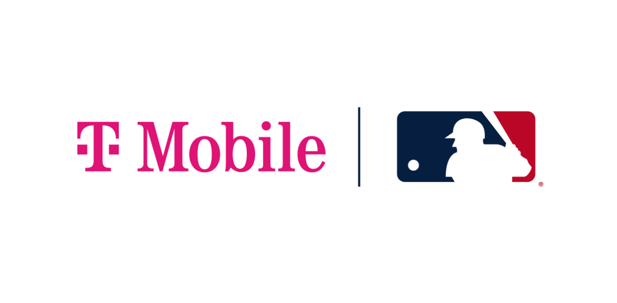 T-Mobile and MLB logo side by side on white background. The MLB logo features the outline of a player surrounded by blue and red. 