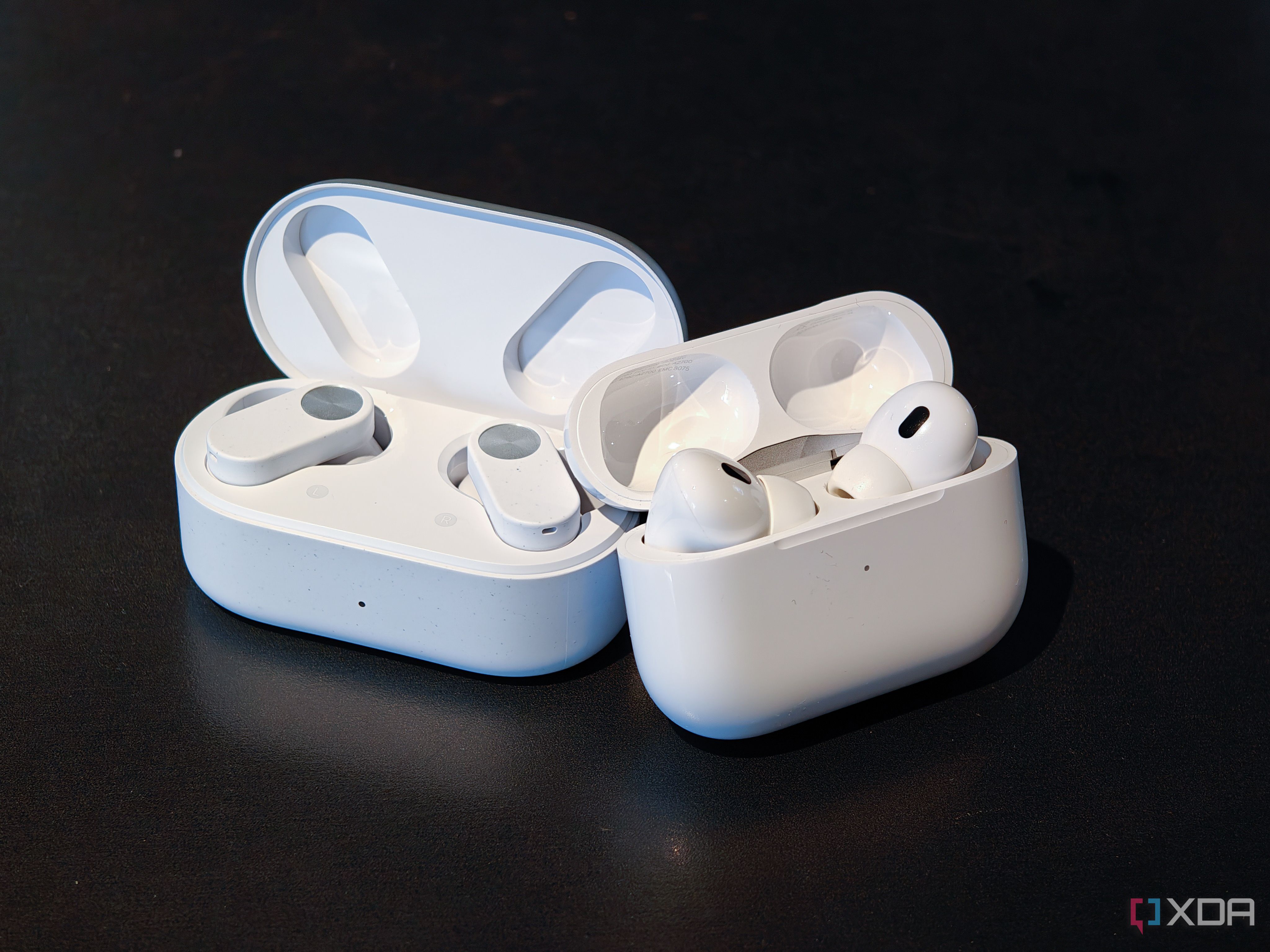 The OnePlus Nord Buds 2 next to the AirPods Pro 2. 