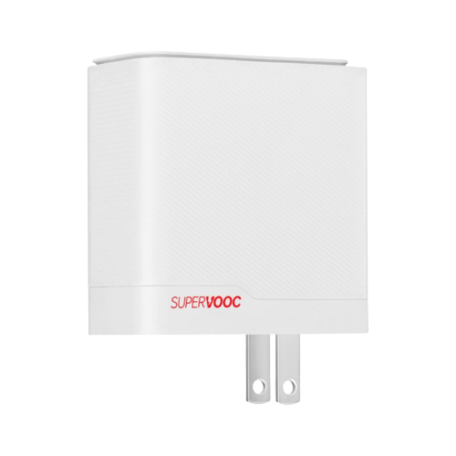 A render of the OnePlus SUPERVOOC 100W Power Adapter in white color with the 'SuperVOOC' text written on the side in red.
