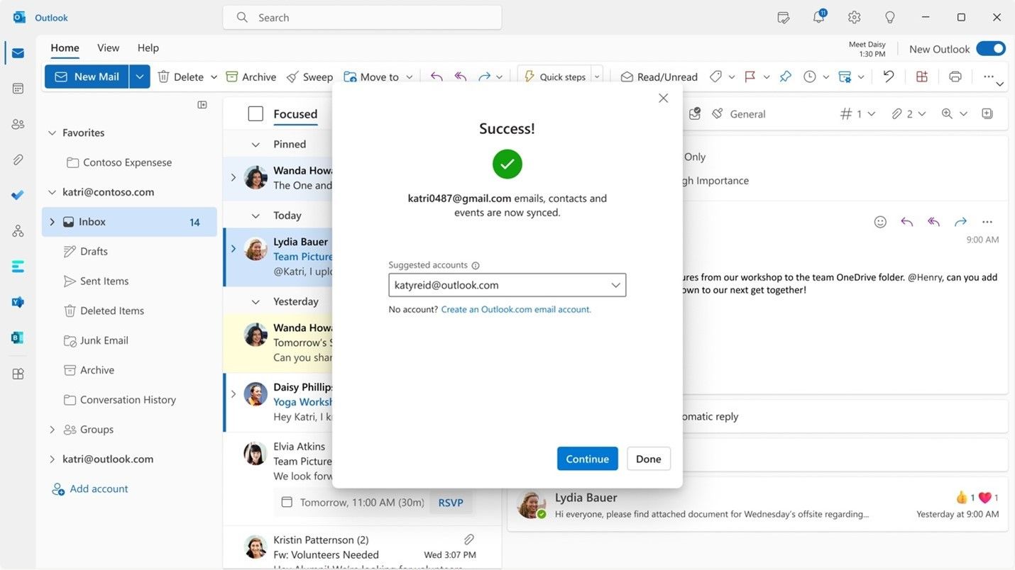 Screenshot of the Outlook app for Windows after adding a Gmail account