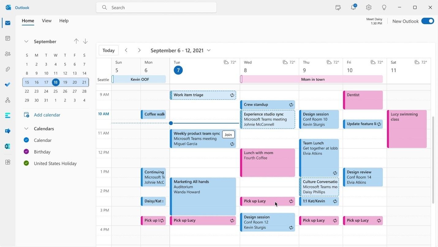 Screenshot of the new design for the calendar view in Outlook for Windows