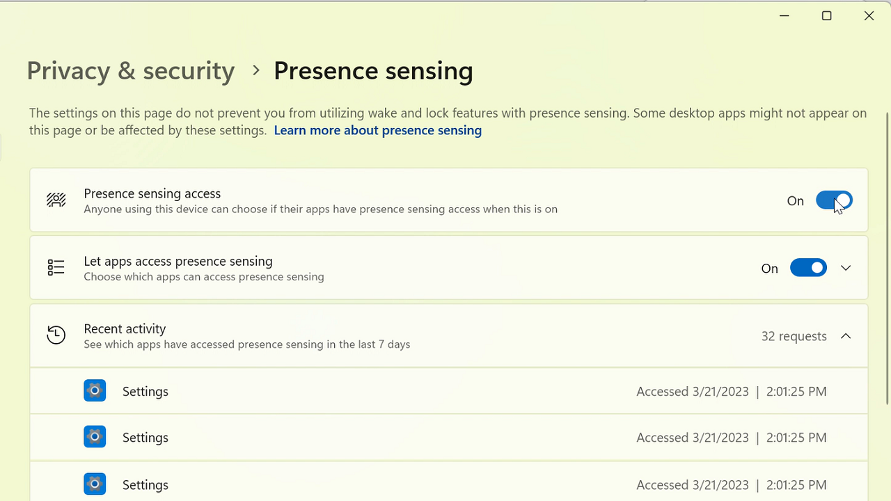 Снимок экрана с элементами управления конфиденциальностью с определением присутствия в Windows 11