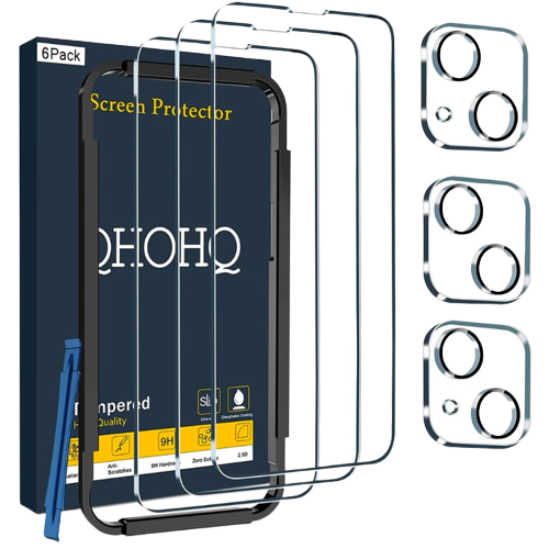 A render showing the QHOHQ screen protector next to its retail packaging and a set of camera lens protectors.