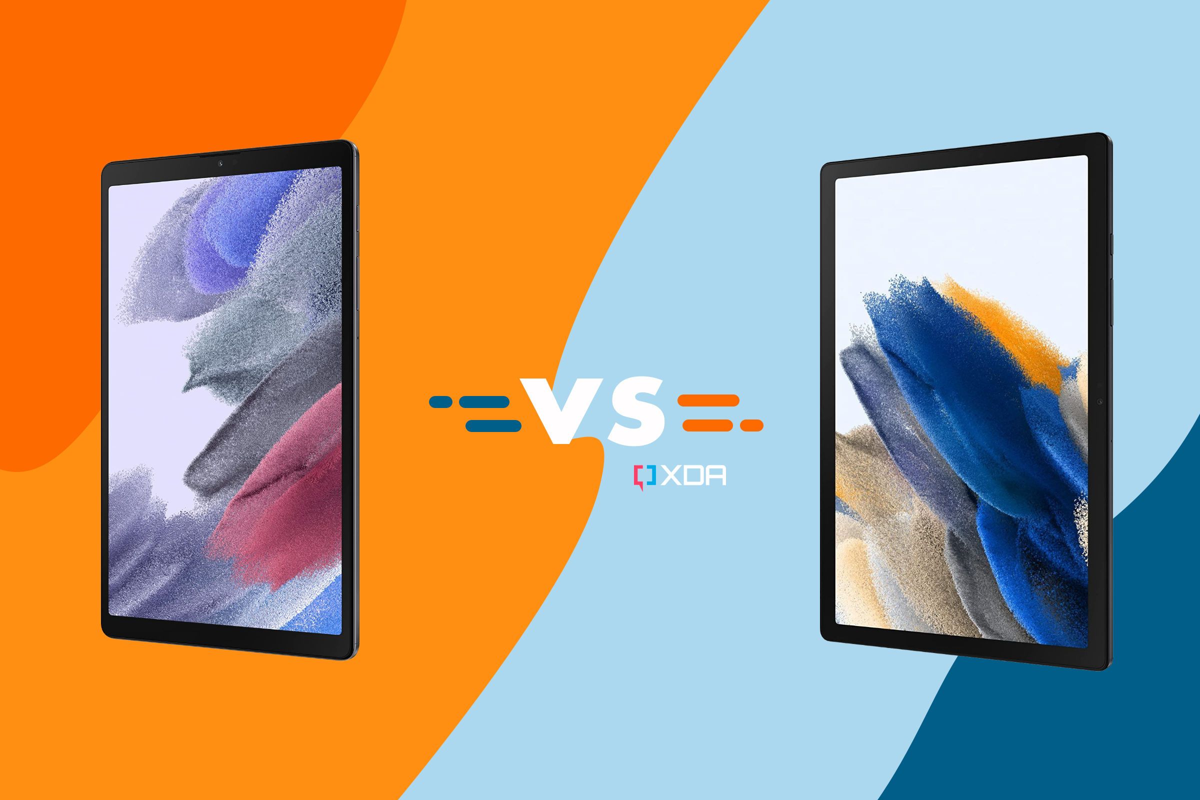 Samsung Galaxy Tab A7 Versus Samsung Galaxy Tab A8 with blue and orange abstract background.