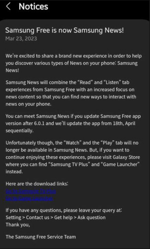 screenshot of samsung free changing to samsung news