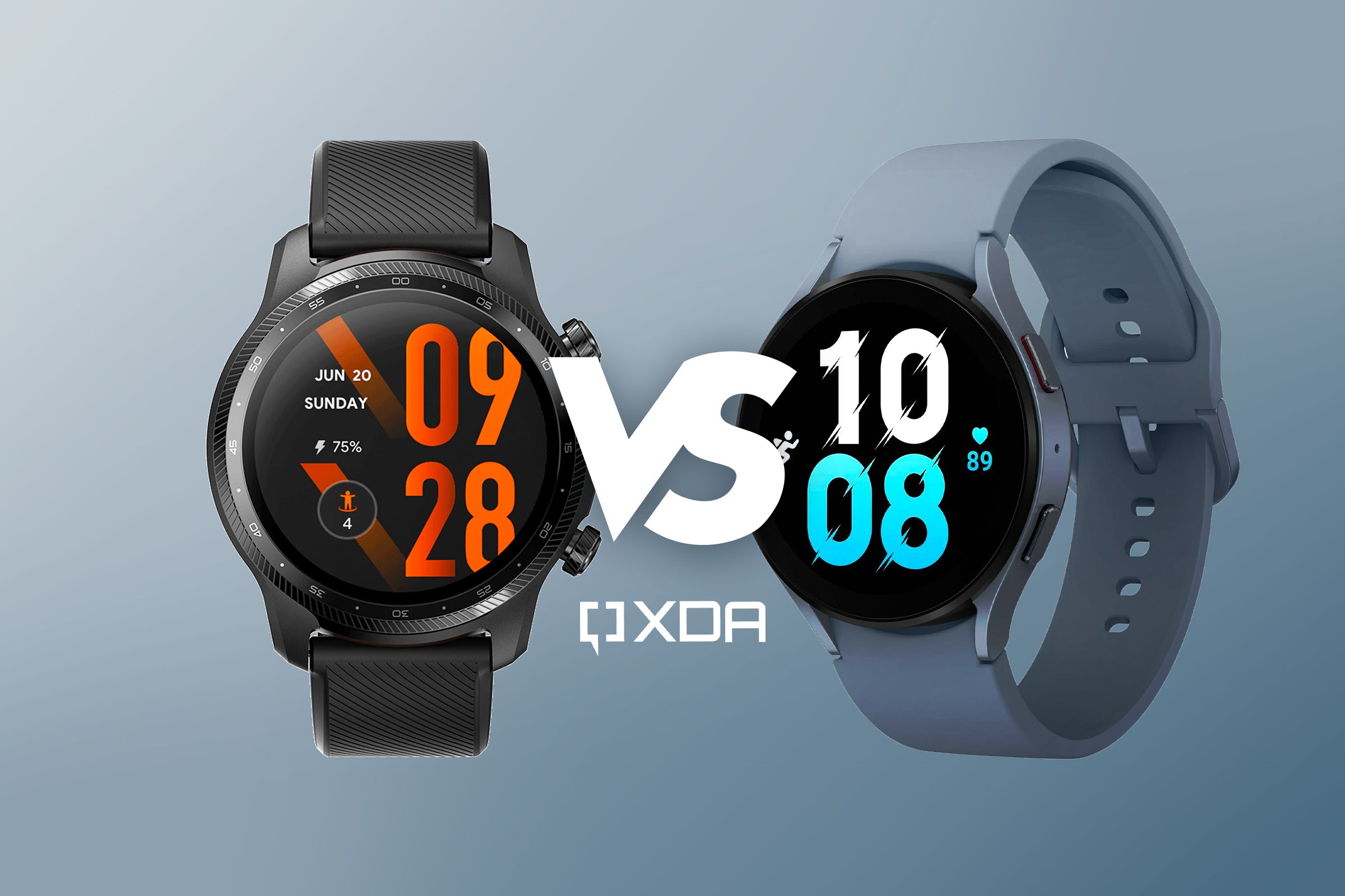 Samsung Galaxy Watch 5 vs Ticwatch Pro 3 Ultra GPS on a gradient background with XDA logo
