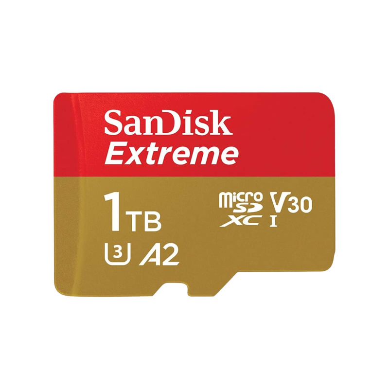 Tarjeta microSD SanDisk de 1 TB sobre un fondo transparente.