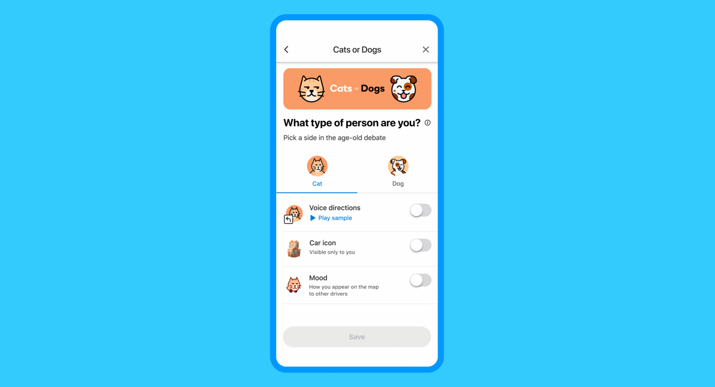 Waze Customize Your Drive Cats of Dogs theme with sounds from animals, new car icons, and mood