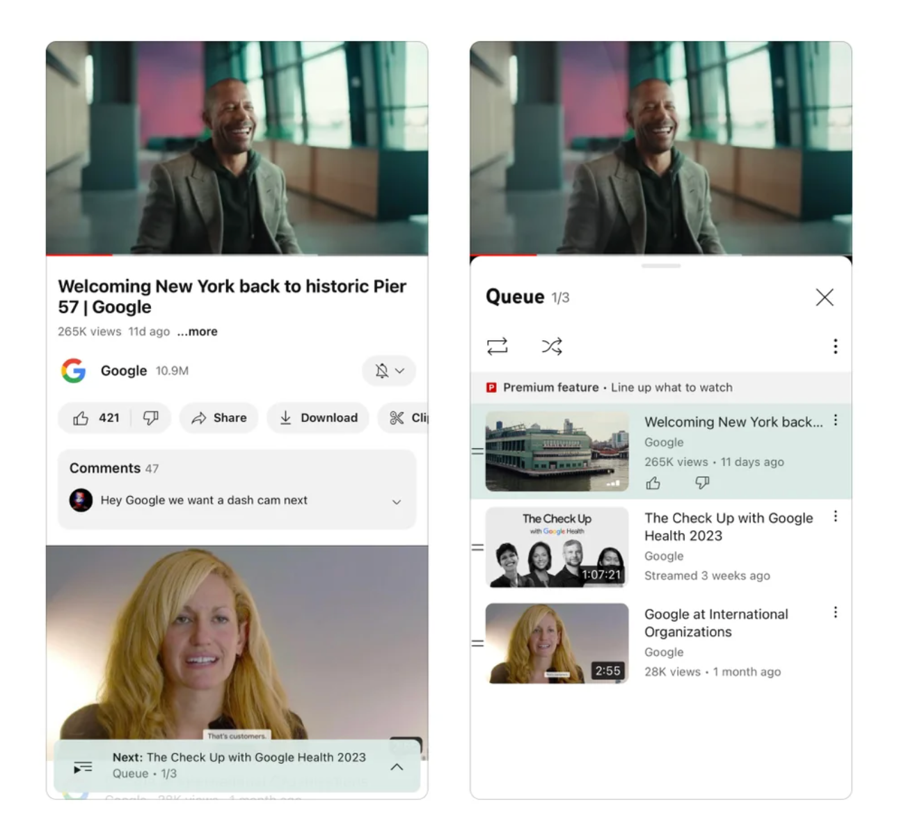 Очередь YouTube на мобильном телефоне со списком очередей, в котором перечислены три шоу