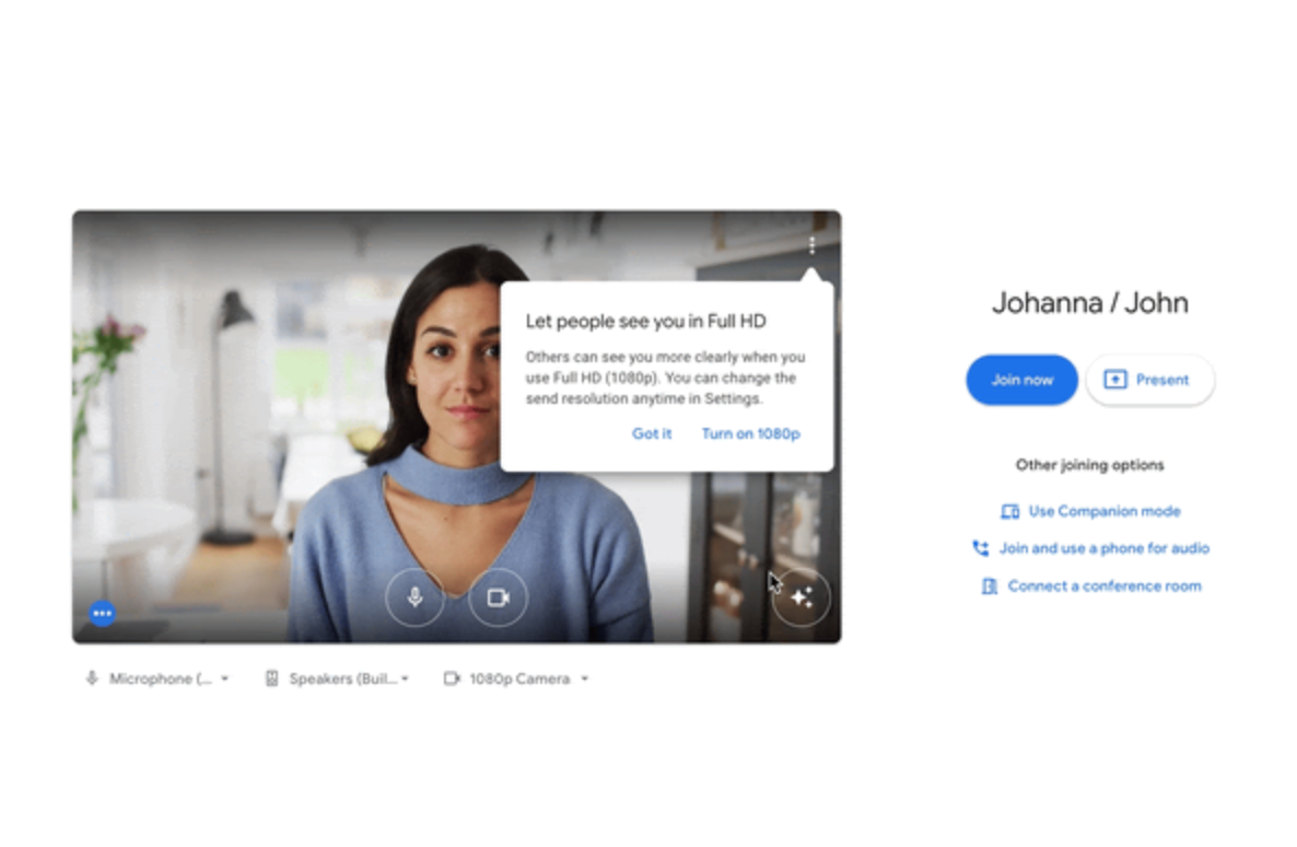 Google Meet muestra la opción 1080p antes de comenzar la reunión