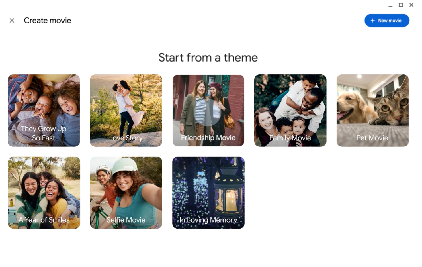 Google Photos video editor showing themes that can be selected for a movie