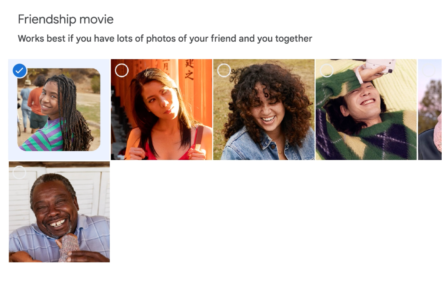 Choosing Friendship movie theme and selecting friends for new video in Google Photos video editor 