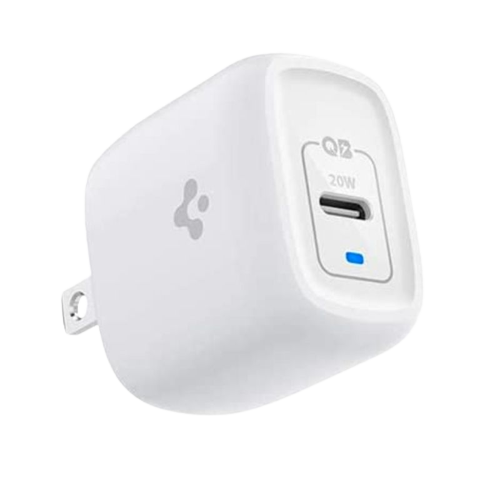 A render showing the Spigen 20W GaN charger in white color.